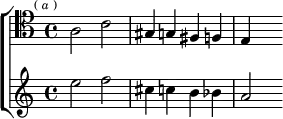 \new ChoirStaff <<
\new Staff \relative a { \clef tenor \key a \minor \time 4/4 \mark \markup \tiny { (\italic"a") }
a2 c | gis4 g fis f | e s }
\new Staff \relative e'' { \key a \minor
e2 f | cis4 c b bes | a2 } >>