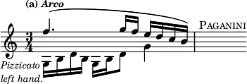 { \time 3/4 \tempo \markup { \smaller { (a) \italic Arco } }
\relative f'' << { f4.\( g16 f e d c b\) | s^\markup { \caps Paganini } } \\
{ g,_\markup { \right-align { \smaller { \italic { \column { Pizzicato "left hand." } } } } } b d b g b d8 g4 } >>
}