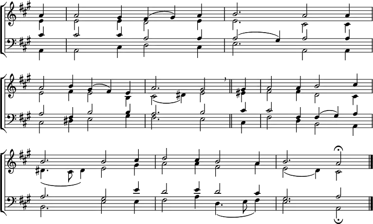 \new ChoirStaff <<
\new Staff { \clef treble \time 6/4 \key a \major \partial 4 \set Staff.midiInstrument = "church organ" \omit Staff.TimeSignature \set Score.tempoHideNote = ##t \override Score.BarNumber #'transparent = ##t
\relative c''
<< { a4 a2 gis4 fis( gis) a | b2. a2 a4 \break
a2 b4 gis4( fis) e | a2. gis2 \breathe \bar"||" gis4 | a2 a4 b2 cis4 \break
b2. b2 cis4 | d2 cis4 b2 a4 | b2. a2 \fermata \bar"|." } \\
{ e4 | e2 e4 d2 e4 | e2. cis2 cis4 |
e2 fis4 e2 b4 | cis2( dis4) e2 eis4 | fis2 fis4 d2 cis4 |
dis4.( cis8 dis4) e2 gis4 | a2 a4 fis2 a4 | e2( d4) cis2 } >>
}
\new Staff { \clef bass \key a \major \set Staff.midiInstrument = "church organ" \omit Staff.TimeSignature
\relative c'
<< { cis4 | cis2 cis4 a2 a4 | a2( gis4) a2 a4 |
a2 fis4 b2 b4 | a2. b2 cis4 | cis2 fis,4 fis( gis) a |
a2. gis2 e'4 | d2 e4 d2 cis4 | gis2. a2 } \\
{ a,4 | a2 cis4 d2 cis4 | e2. a,2 a4 |
cis2 dis4 e2 gis4 | fis2. e2 cis4 | fis2 d4 b2 a4 |
b2. e2 e4 | fis2 a4 d,4.( e8 fis4) | e2. a,2 \fermata } >>
}
>>
\layout { indent = #0 }
\midi { \tempo 4 = 120 }