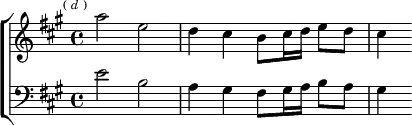 \new ChoirStaff <<
\new Staff \relative a'' { \key a \major \time 4/4 \mark \markup \tiny { ( \italic d ) }
a2 e | d4 cis b8 cis16 d e8 d | cis4 }
\new Staff \relative e' { \clef bass \key a \major
e2 b | a4 gis fis8 gis16 a b8 a | gis4 } >>