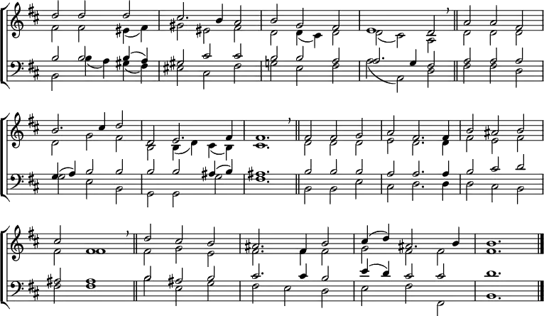 \new ChoirStaff <<
\new Staff { \clef treble \time 3/2 \key b \minor \set Staff.midiInstrument = "church organ" \omit Staff.TimeSignature \set Score.tempoHideNote = ##t \override Score.BarNumber #'transparent = ##t
\relative c''
<< { d2 d d | cis2. b4 a2 | b g fis | e1 d2 \breathe \bar"||" a' a fis \break
b2. cis4 d2 | d, e2. fis4 | fis1. \breathe \bar"||" fis2 fis g | a fis2. fis4 | b2 ais b \break
cis fis,1 \breathe \bar"||" d'2 cis b | ais2. fis4 b2 | cis4( d) ais2. b4 | b1. \bar"|."} \\
{ fis2 fis eis4( fis) | gis2 eis fis | d d4( cis) d2 | d2( cis) a | d d d
d g fis | b, b4( d) cis( b) | cis1. | d2 d d | e d2. d4 | fis2 e fis
fis fis1 | fis2 g e | fis2. fis4 fis2 | g fis fis | fis1. } >>
}
\new Staff { \clef bass \key b \minor \set Staff.midiInstrument = "church organ" \omit Staff.TimeSignature
\relative c'
<< { b2 b b4( a) | gis2 cis cis | b b a | a2. g4 fis2 | a a a
g4( a) b2 b | b b ais4( b) | ais1. | b2 b b | a a2. a4 | b2 cis d
ais ais1 | b2 ais b | cis2. cis4 b2 | e4( d) cis2 cis | d1. } \\
{ b,2 b'4( a) gis( fis) | eis2 cis fis | g! e fis | a( a,) d | fis fis d
g e b | g g g' | fis1. | b,2 b e | cis d2. d4 | d2 cis b |
fis' fis1 | b2 e, g | fis e d | e fis fis, | b1. } >>
}
>>
\layout { indent = #0 }
\midi { \tempo 2 = 72}