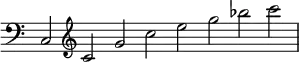 { \override Score.TimeSignature #'stencil = ##f \clef bass \relative c { \cadenzaOn c2 \clef treble c' g' c e g bes c \bar "|" } }