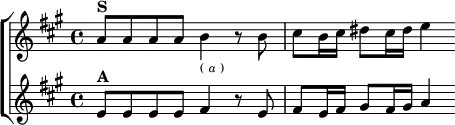 \new ChoirStaff <<
\new Staff \relative a' { \key a \major \time 4/4
a8^\markup \bold "S" a a a b4_\markup \tiny { ( \italic a ) } r8 b
cis b16 cis dis8 cis16 dis e4 }
\new Staff \relative e' { \key a \major
e8^\markup \bold "A" e e e fis4 r8 e |
fis8 e16 fis gis8 fis16 gis a4 } >>