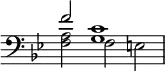 { \override Score.TimeSignature #'stencil = ##f { \key bes \major \time 3/2 \clef bass << { f'2 <c' g>1 } \\ { <a f>2 f e } >> } }