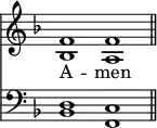 << <<
\new Staff { \clef treble \time 4/2 \key f \major \set Staff.midiInstrument = "church organ" \omit Staff.TimeSignature
\relative c' { << { f1 f \bar"||" } \\ { bes, a } >> }
}
\new Lyrics \lyricmode { A -- men }
\new Staff { \clef bass \key f \major \set Staff.midiInstrument = "church organ" \omit Staff.TimeSignature
\relative c { << { d1 c } \\ { bes1 f } >> }
}
>> >>
\layout { indent = #0 }
\midi { \tempo 2 = 58 }