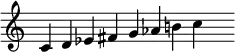 { \relative c' { \override Score.TimeSignature #'stencil = ##f \time 12/4
c4 d ees fis g aes b! c s } }