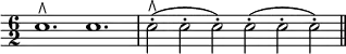 { \time 6/2 \override Score.Clef #'stencil = ##f \clef bass
e1.^\rtoe e | e2-.(^\rtoe e-. e-.) e-.( e-. e-.) \bar "||" }