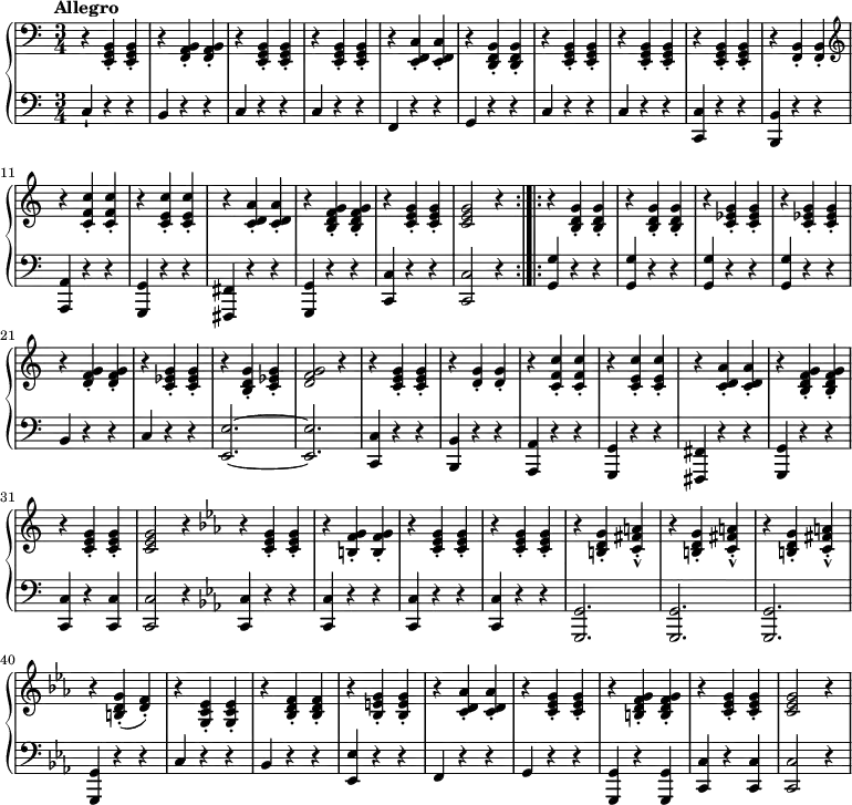 \relative c {
\new GrandStaff <<
\new Staff {
\clef bass
\time 3/4
\tempo "Allegro"
r4 <b g e>-. <b g e>-. r <b a f>-. <b a f>-. r <b g e>-. <b g e>-. r <b g e>-. <b g e>-. r <c f, e>-. <c f, e>-. r <b f d>-. <b f d>-. r <b g e>-. <b g e>-. r <b g e>-. <b g e>-. r <b g e>-. <b g e>-. r <b f>-. <b f>-.
\clef treble
r <c' f c'>-. <c f c'>-. r <c e c'>-. <c e c'>-. r <d c a'>-. <d c a'>-. r <g f d b>-. <g f d b>-. r <g e c>-. <g e c>-. <g e c>2 r4
\bar ":|.|:"
r <g d b>-. <g d b>-. r <g d b>-. <g d b>-. r <g ees c>-. <g ees c>-. r <g ees c>-. <g ees c>-. r <g f d>-. <g f d>-. r <g ees c>-. <g ees c>-. r <g d b>-. <g ees c>-. <g f d>2 r4 r <g e c>-. <g e c>-. r <g d>-. <g d>-. r <c f, c>-. <c f, c>-. r <c e, c>-. <c e, c>-. r <a d, c>-. <a d, c>-. r <g f d b>-. <g f d b>-. r <g e c>-. <g e c>-. <g e c>2 r4
\bar ":|"
\key ees \major
r <g ees c>-. <g ees c>-. r <g f b,>-. <g f b,>-. r <g ees c>-. <g ees c>-. r <g ees c>-. <g ees c>-. r <g d b>-. <a fis c>-.-^ r <g d b>-. <a fis c>-.-^ r <g d b>-. <a fis c>-.-^ r <g d b>-. (<f d>-.) r <ees c g>-. <ees c g>-. r <f d bes>-. <f d bes>-. r <g e bes>-. <g e bes>-. r <aes d, c>-. <aes d, c>-. r <g ees c>-. <g ees c>-. r <g f d b>-. <g f d b>-. r <g ees c>-. <g ees c>-. <g ees c>2 r4
}
\new Staff {
\clef bass
c,,4\staccatissimo r r b r r c r r c r r f, r r g r r c r r c r r <c c,> r r <b b,> r r <a a,> r r <g g,> r r <fis fis,> r r <g g,> r r <c c,> r r <c c,>2 r4 <g' g,> r r <g g,> r r <g g,> r r <g g,> r r b, r r c r r <e e,>2.~<e e,> <c c,>4 r r <b b,> r r <a a,> r r <g g,> r r <fis fis,> r r <g g,> r r <c c,> r <c c,> <c c,>2 r4
\key ees \major
<c c,> r r <c c,> r r <c c,> r r <c c,> r r <g g,>2. <g g,> <g g,> <g g,>4 r r c r r bes r r <ees ees,> r r f, r r g r r <g g,> r <g g,> <c c,> r <c c,> <c c,>2 r4
}
>>
}
