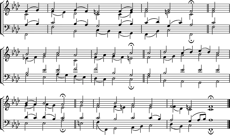 \new ChoirStaff <<
\new Staff { \clef treble \time 4/2 \key f \minor \partial 2 \set Staff.midiInstrument = "church organ" \omit Staff.TimeSignature \set Score.tempoHideNote = ##t \override Score.BarNumber #'transparent = ##t
\relative c'
<< { f4( g) | aes2 g4( f) e2 f4( g) | aes2 g f \fermata \bar"||" aes \break
bes bes c aes | bes bes c \fermata \bar"||" c | des c4( des) es( des) c2 \break
bes4( aes) bes2 aes \fermata \bar"||" c | aes bes aes g | f e f1 \fermata \bar"|." } \\
{ c2 | f4( es) des2 c c4( e) | f2 e c f
es!4( f) g2 aes c, | f4( aes) g( f) e2 f | f4( g) aes2 bes aes
g4( aes) aes( g) es2 g | f f4( e) f2 e | f4( des) c2 1 } >>
}
\new Staff { \clef bass \key f \minor \set Staff.midiInstrument = "church organ" \omit Staff.TimeSignature
\relative c'
<< { aes4( bes) | c2 bes4( aes) g2 aes4( bes) | c( des) g,( c) aes2 c
bes es es f | f bes, g aes | bes es es es
des4( c) des( bes) c2 c | c bes c c4( bes) | aes2 g4( aes8 bes) aes1 } \\
{ f,2 | f' bes, c4( bes) aes( g) | f( bes) c2 f, \fermata f'
g es aes4( g) f( es) | des( c) des2 c \fermata f | bes, aes g aes
es' es aes \fermata e | f4( f,) g2 aes4( bes) c2 | des4( bes) c2 f,1 \fermata } >>
}
>>
\layout { indent = #0 }
\midi { \tempo 2 = 46 }
