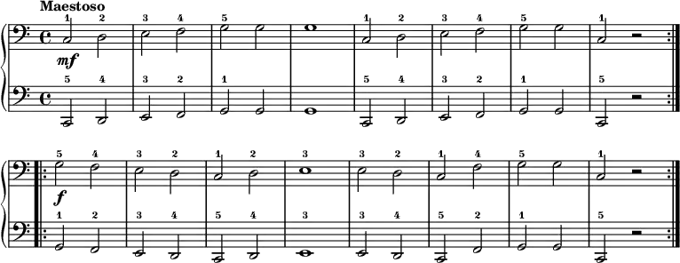 \new PianoStaff << \override Score.BarNumber #'transparent = ##t \relative c
\new Staff { \clef bass \tempo Maestoso
c2-1\mf d-2 | e-3 f-4 | g-5 g | g1 | c,2-1 d-2 | e-3 f-4 | g-5 g | c,2-1 r \bar ":|.|:" g'-5\f f-4 | e-3 d-2 | c-1 d-2 | e1-3 | e2-3 d-2 | c-1 f-4 | g-5 g | c,-1 r \bar ":|."}
\new Staff { \clef bass
c,2-5 d,-4 | e,-3 f,-2 | g,-1 g, | g,1 | c,2-5 d,-4 | e,-3 f,-2 | g,-1 g, | c,-5 r | g,-1 f,-2 | e,-3 d,-4 | c,-5 d,-4 | e,1-3 | e,2-3 d,-4 | c,-5 f,-2 | g,-1 g, | c,-5 r }
>>