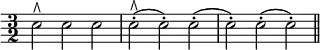 { \time 3/2 \override Score.Clef #'stencil = ##f \clef bass
e2^\rtoe e e | e-.(^\rtoe e-.) e-.( e-.) e-.( e-.) \bar "||" }