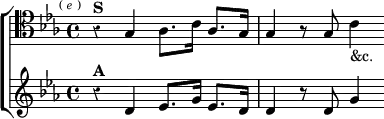 \new ChoirStaff << \override Score.Rest #'style = #'classical
\new Staff \relative g { \clef tenor \key ees \major \time 4/4 \mark \markup \tiny { ( \italic e ) }
r4^\markup \bold "S" g aes8. c16 aes8. g16 |
g4 r8 g c4_"&c." }
\new Staff \relative d' { \key ees \major
r4^\markup \bold "A" d ees8. g16 ees8. d16 |
d4 r8 d g4 } >>