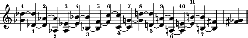 { \relative g' { \override Score.TimeSignature #'stencil = ##f \cadenzaOn
<ges des'>^1 ^~ <des' des,>_1 _~ <des, aes'>^2 ^~ <aes' aes,>_2
<aes, ees'>^3 _~ <ees' bes'>^4 ^~ <bes' bes,>_3 _~ <bes, f'>^5 _~
<f' c'>^6 ^~ <c' c,>_4 _~ %end line 1
<c, g'!>^7 _~ <g' d'!>^8 ^~ <d' d,>_5 _~ <d, a'!>^9 ^~
<a' a,>_6 _~ <a, e'!>^10 _~ <e' b'!>^11 ^~ <b' b,>_7 _~ <b, fis'>
\bar "|" <fis'! ges> \bar "||" } }