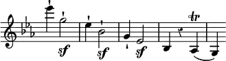 { \relative e''' { \key ees \major \time 3/4 \override Score.Rest #'style = #'classical \override Score.TimeSignature #'stencil = ##f
  ees4-! g,2-!\sf | ees4-! bes2-!\sf |
  g4-! ees2\sf | bes4 r aes(\trill | g) } }