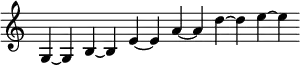 { \override Score.TimeSignature #'stencil = ##f \relative g { \cadenzaOn g4 ~ g b ~ b e ~ e a ~ a d ~ d e ~ e } }