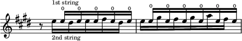 { \time 6/8 \override Score.TimeSignature #'stencil = ##f \key e \major \relative e'' { r8 << { s16^\markup { \tiny "1st string" } e[\open s e\open s e\open s e\open s e]\open | s e[\open s e\open s e\open s e\open s e\open s e\open] } \\ { e16[_\markup { \tiny "2nd string" } s dis s e s fis s dis] s | e[ s gis s fis s gis s a s fis] } >> } }