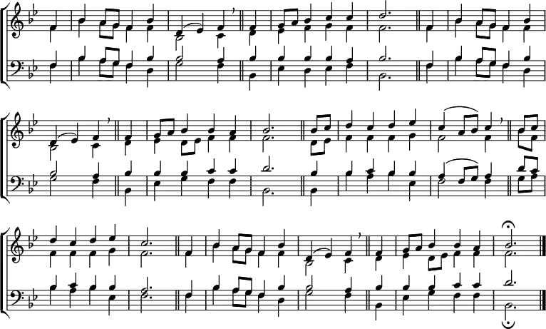 \new ChoirStaff <<
\new Staff { \clef treble \time 4/4 \key bes \major \partial 4 \set Staff.midiInstrument = "church organ" \omit Staff.TimeSignature \set Score.tempoHideNote = ##t \override Score.BarNumber #'transparent = ##t
\relative c'
<< { f4 | bes a8 g f4 bes | d,( es) f \breathe \bar"||"
f | g8 a bes4 c c | d2. \bar"||"
f,4 | bes a8 g f4 bes | \break d,( es) f \breathe \bar"||"
f | g8 a bes4 bes a | bes2. \bar"||"
bes8 c | d4 c d es | c( a8 bes) c4 \breathe \bar"||"
bes8 c | \break d4 c d es | c2. \bar"||"
f,4 | bes a8 g f4 bes | d,( es) f \breathe \bar"||"
f | g8 a bes4 bes a | bes2. \fermata \bar"|." } \\
{ f4 | bes a8 g f4 f | bes,2 c4
d | es f g f | f2.
f4 | bes a8 g f4 f | bes,2 c4
d | es d8 es f4 f | f2.
d8 es | f4 f f g | f2 f4
bes8 f | f4 f f g | f2.
f4 | bes a8 g f4 f | bes,2 c4
d | es d8 es f4 f | f2. } >>
}
\new Staff { \clef bass \key bes \major \set Staff.midiInstrument = "church organ" \omit Staff.TimeSignature
\relative c
<< { f4 | bes a8 g f4 bes | bes2 a4
bes4 | 4 4 4 a | bes2.
f4 | bes a8 g f4 bes | bes2 a4
bes | 4 4 c c | d2.
bes4 | bes c bes bes | a( f8 g) a4
d8 c | bes4 c bes bes | a2.
f4 | bes a8 g f4 bes | bes2 a4
bes | bes bes c c | d2. } \\
{ f,4 | bes a8 g f4 d | g2 f4
bes, | es d es f | bes,2.
f'4 | bes a8 g f4 d | g2 f4
bes, | es g f f | bes,2.
bes4 | bes' a bes es, | f2 f4
g8 a | bes4 a bes es, | f2.
f4 | bes a8 g f4 d | g2 f4
bes,4 es g f f | bes,2. \fermata } >>
}
>>
\layout { indent = #0 }
\midi { \tempo 4 = 116 }