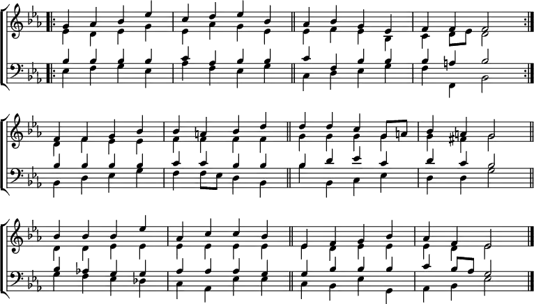 \new ChoirStaff <<
\new Staff { \clef treble \time 4/4 \key es \major \set Staff.midiInstrument = "church organ" \omit Staff.TimeSignature \set Score.tempoHideNote = ##t \override Score.BarNumber #'transparent = ##t
\relative c''
<< { \bar".|:" g4 aes bes es | c d es bes | \bar"||" aes bes g es | f f f2 \bar":|." \break
f4 f g bes | bes a bes d \bar"||" d d c g8 a | bes4 a g2 \bar"||" \break
bes4 bes bes es | aes, c c bes \bar"||" es, f g bes | aes f es2 \bar"|." } \\
{ es4 d es g | es aes g es | es f es bes | c d8 es d2 |
d4 f es es | f f f f | g g g g | g fis g2 |
d4 d es es | es es es es | es d es es | es d es2 } >>
}
\new Staff { \clef bass \key es \major \set Staff.midiInstrument = "church organ" \omit Staff.TimeSignature
\relative c'
<< { bes4 4 4 4 | c aes bes bes | c f, bes bes | bes a bes2 |
4 4 4 4 | c c bes bes | bes d es c | d c bes2 |
bes4 aes! g g | aes aes aes g | g bes bes bes | c bes8 aes g2 } \\
{ es4 f g es | aes f es g | c, d es g | f f, bes2 |
bes4 d es g | f f8 es d4 bes | bes' bes, c es | d d g2 |
g4 f es des | c aes es' es | c bes es g, | aes bes es2 } >>
}
>>
\layout { indent = #0 }
\midi { \tempo 4 = 120 }
