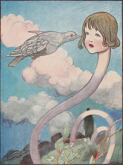 A large pigeon bumps into Alice's face while her long, serpentine neck protrudes from the forest below.