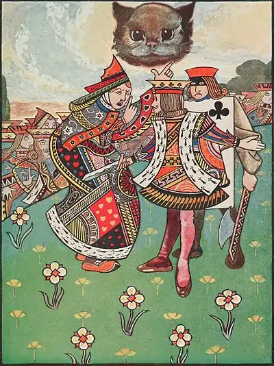 The Queen gestures angrily towards the Cheshire Cat's floating and disembodied head while arguing with the King and executioner.