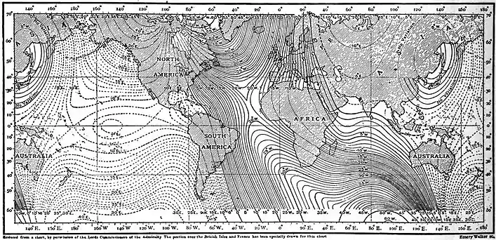 EB1911 - Magnetism, Terrestrial - Fig. 1.—Isogonals, or lines of equal magnetic declination.jpg