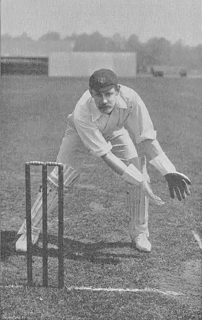 Ranji 1897 page 040 Storer taking a ball wide on the leg-side.jpg