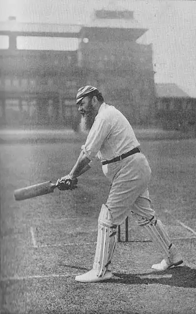 Ranji 1897 page 247 W. G. Grace cutting with the left leg across.jpg