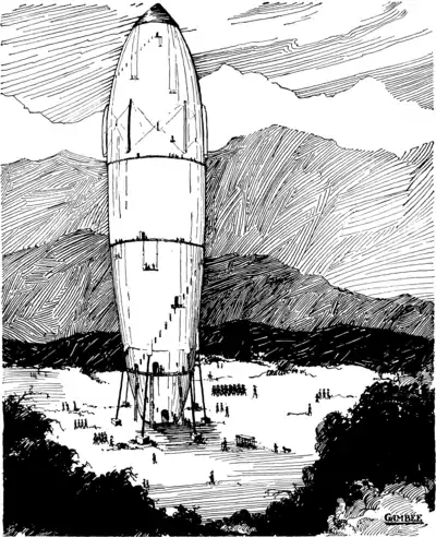 Not more than three hundred yards distant rose an enormous structure in the shape of a Zeppelin. It required a second glance to observe this fact, as the huge creation stood on its end instead of lying horizontal as do the ordinary flying-ships… This was no mere bubble of varnished cloth.