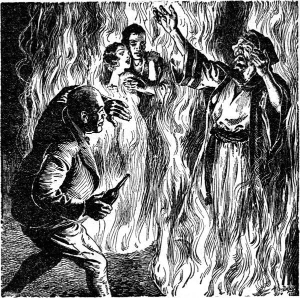 Black and white illustration. A bald man in the foreground shields his face. To the right stands a man in a keffiyeh in a circle of fire; his arms raised to the sky. To the left stand a couple in a separate circle of fire; they are holding each other in their arms.