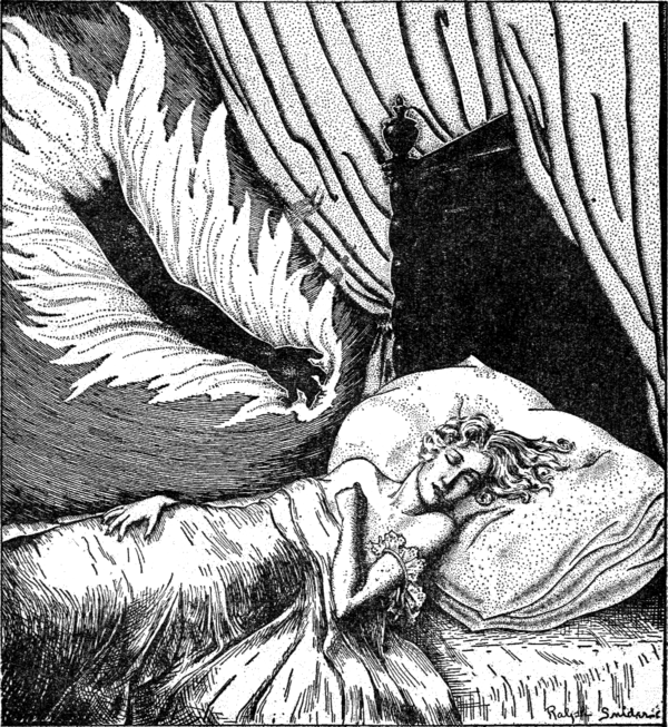 A disembodied flaming arm floating above a woman sleeping in bed.
