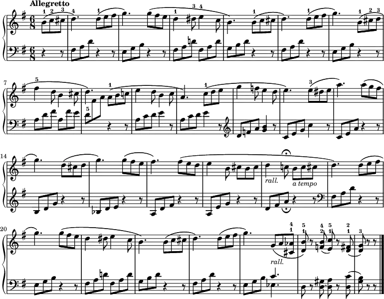 \new PianoStaff <<
\new Staff = "up" { \time 6/8 \key g \major \tempo "Allegretto" \partial 4. \relative b' {
b8-1\( c-2 cis-3 | d4.-4\) d8-1\( e fis |
g4.\) g8\( fis e | d4-1 dis8-3 e4-4 c8 |
b4.\) b8-1\( c cis | d4.\) d8-1\( e fis |
g4.\) b,8-1\( cis-2 d-3 | fis4-5 d8 b4 cis8 |
d4.\) a8-1\( b c! | e4 d8 b4 c8 |
a4.\) c8-1\( d e | g4 f8 e4 d8 |
e4.\) e8-3\( dis e | a4.\) a8\( g fis |
g4.\) d8\( cis d | g4.\) g8\( fis e |
fis4.\) fis8\( e d | e4 b8 cis b cis |
d4_\markup { \smaller \italic rall. } c!8\fermata
b8\(_\markup { \smaller \italic "a tempo" } c cis |
d4.\) d8\( e fis | g4.\) g8\( fis e |
d4 dis8 e4 c8 | b4.\) b8\( c cis |
d4.\) d8\( e fis | g4.\) g,8\(_\markup { \smaller \italic rall. } a <aes^4 cis,^1> |
<b^5 d,^1>\) r <b^4 f^2>( <c^5 e,^1>) r <fis,^2 d^1>( |
<g^3 d>) r r \bar "|." } }
\new Staff = "down" { \clef bass \key g \major
r4 r8 | fis a d' r4 r8 |
e g b r4 r8 | fis a d'! fis a d' |
g b d' r4 r8 | fis a d' r4 r8 |
e g b r4 r8 | a d' fis' a fis' e' |
d'-5 \change Staff = "up" fis' a' \change Staff = "down" r4 r8 |
a c' d' e'4 r8 | a c' d' e'4 r8 \clef treble |
d' f' a' <g' b'>4 r8 | c' e' g' c''4 r8 |
c' e' a' r4 r8 | b d' g' r4 r8 |
bes d' e' r4 r8 | a d' fis' r4 r8 |
a e' g' r4 r8 | d' fis' a'_\fermata r4 r8 \clef bass |
fis a d' r4 r8 | e g b r4 r8 |
fis a d'! fis a d' | g b d' r4 r8 |
fis a d' r4 r8 | e g b << { c'4. } \\ { ees4. } >> |
d8 r <d gis> ~ <d a> r <d c'>( | <g b>) r r }
>>