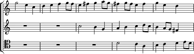 \new ChoirStaff << \override Score.TimeSignature #'stencil = ##f
\new Staff \relative g'' { \key c \major \time 2/2
g2 e4 c | d e f g8 f | e4 fis g a8 g | fis4 g8 fis e4 fis | g e d s }
\new Staff \relative c'' { \key c \major
R1*2 c2 b4 g | a b c d8 c | b4 a8 g fis4 s }
\new Staff \relative d' { \clef tenor \key c \major
R1*3 d2 c4 a | b c d e8 d } >>