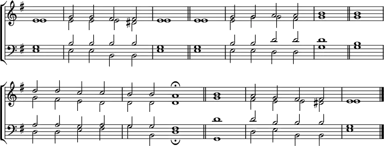 \new ChoirStaff <<
\new Staff { \clef treble \time 4/2 \key e \minor \partial 1 \set Staff.midiInstrument = "church organ" \omit Staff.TimeSignature \set Score.tempoHideNote = ##t \override Score.BarNumber #'transparent = ##t
\relative c'
<< { e1 | g2 g fis fis | e1 \bar"||" e | g2 g a a | b1 \bar"||" b \break
d2 d c c | b b a1 \fermata \bar"||" \time 2/2 b | \time 4/2 a2 g fis fis | e1 \bar"|." } \\
{ e1 | e2 e e dis | e1 e | e2 g g fis | g1 g |
g2 fis e d | d d d1 | g | fis2 e e dis | e1 } >>
}
\new Staff { \clef bass \key e \minor \set Staff.midiInstrument = "church organ" \omit Staff.TimeSignature \override Staff.NoteHead.style = #'altdefault
\relative c'
<< { g1 | b2 b b b | g1 g | b2 b d d | d1 b |
a2 a g a | g g fis1 | d' | d2 b b b | g1 } \\
{ e1 | e2 e b b | e1 e | e2 e d d | g1 g |
d2 d e fis | g b, d1 \fermata | g, | d'2 e b b | e1 } \\ >>
}
>>
\layout { indent = #0 }
\midi { \tempo 2 = 60 }