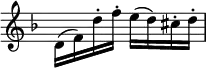 { \relative d' { \time 2/4 \override Score.TimeSignature #'stencil = ##f \key d \minor \stemDown
d16( f) d'-. f-. e( d) cis-. d-. } }