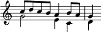 \relative c'' { \key c \major \time 2/2 \override Score.TimeSignature #'stencil = ##f << { c8 d c b a4 b8 a | g4 } \\ { g2 e4 c | d } >> }