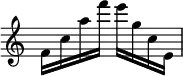 { \time 2/4 \override Score.TimeSignature #'stencil = ##f f'16[ c'' a'' f'''] e'''[ g'' c'' e'] }
