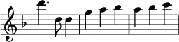 \relative d''' { \time 3/4 \key d \minor \override Score.TimeSignature #'stencil = ##f
d4. d,8 d4 | g a bes | a bes c }