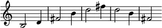 \relative b { \time 3/4 \override Score.TimeSignature #'stencil = ##f
b2 d4 | fis2 b4 | d2 fis4 | d2 b4 | fis2 }
