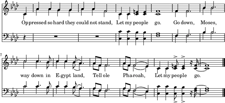 { << \new Staff << \key f \minor \time 4/4 \override Score.TimeSignature #'stencil = ##f \partial 4
\new Voice \relative c' { \stemUp
c4 | aes' aes g g | aes aes f2 |
c4 c <e c> q f1 | f4 f2. | bes4 bes2. | %end line 1
c2 c4. bes8 | c4 c bes8^( aes4.) |
aes8 f f2. | aes8 f f2^( ees4) |
c c <e c>8^> q4^> r16 <f c> ~ | q1 \bar "|." }
\new Voice \relative c' { \stemDown
c4 | aes' aes g g | aes aes f2 | c4 c s2 c1 |
f4 f2. | bes4 bes2. | %end line 1
c2 c4. bes8 | c4 c bes8_( aes4.) |
aes8 f f2. | aes8 f f2_( ees4) | c c } >>
\addlyrics { Op -- pressed so hard they could not stand,
Let my peo -- ple go. Go down, Mo -- ses,
way down in E -- gypt land,
Tell _ ole Pha -- _ roah, Let my peo -- ple go. }
\new Staff << \clef bass \key f \minor
\new Voice \relative f { \stemUp
r4 R1 R | s s f4 f2. | bes4 bes2. | %end line 1
c2 c4. bes8 | c4 c bes8^( aes4.) | aes8 f f2. |
aes8 f f2^( ees4) }
\new Voice \relative c { \stemDown
s4 s1 s | <c c'>4 q <c bes'> q |
<f aes>1 | f4 f2. | bes4 bes2. | %end line 1
c2 c4. bes8 | c4 c bes8_( aes4.) | aes8 f f2. |
aes8 f f2_( ees4) | <c c'> q <c bes'>8_> q4_> r16 <f aes> ~ q1 } >> >> }