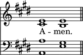 << <<
\new Staff { \clef treble \time 4/2 \key e \major \set Staff.midiInstrument = "church organ" \omit Staff.TimeSignature
\relative c' {
<< { e1 e \bar"||" } \\ { cis b } >> }
}
\new Lyrics \lyricmode {
A -- men.
}
\new Staff { \clef bass \key e \major \set Staff.midiInstrument = "church organ" \omit Staff.TimeSignature
\relative c' {
<< { a1 gis } \\ { a,1 e' } >> }
}
>> >>
\layout { indent = #0 }
\midi { \tempo 2 = 50 }