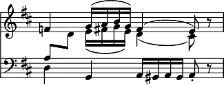{ \override Score.TimeSignature #'stencil = ##f \time 4/4 << \new Staff = "up" { \key d \major << \relative f' { f4 g16( a b g) fis4( e8) } \\ \relative a { \change Staff = "down" \stemUp a8 \change Staff = "up" \stemDown d e16( fis g e) d4( cis8) } >> r8 | }
\new Staff = "down" { \clef bass \key d \major \relative d { d4 g, a16 gis a gis a8-. r | } } >> }