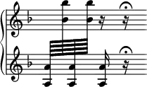 { \new PianoStaff << \override Score.TimeSignature #'stencil = ##f \new Staff = "up" { \key d \minor \change Staff = "down" <a a'>64 \change Staff = "up" \stemDown <bes' bes''> \change Staff = "down" \stemUp <a a'> \change Staff = "up" \stemDown <bes' bes''> r16 r16\fermata }
\new Staff = "down" { \key d \minor s16 <a a'> r16\fermata } >> }