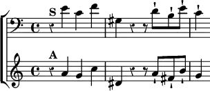 \new ChoirStaff << \override Score.Rest #'style = #'classical
\new Staff \relative e' { \clef bass \key a \minor
r4^\markup \bold "S" e c f | gis, r r8 d'\staccatissimo b\staccatissimo e\staccatissimo c4\staccatissimo }
\new Staff \relative a' { \key a \minor
r4^\markup \bold "A" a g c | dis, r r8 a'\staccatissimo fis\staccatissimo b\staccatissimo | g4 } >>