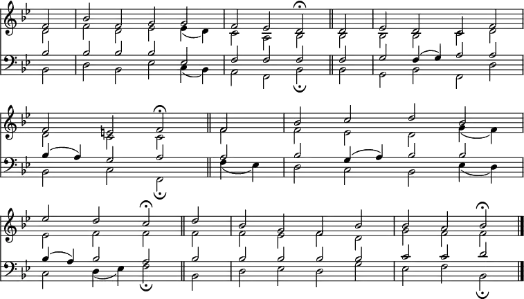 << <<
\new Staff { \clef treble \time 4/2 \partial 2 \key bes \major \set Staff.midiInstrument = "church organ" \omit Staff.TimeSignature \set Score.tempoHideNote = ##t \override Score.BarNumber #'transparent = ##t
\relative c'
<< { f2 | bes f g g | f es d\fermata \bar"||" d | es d c f | \break
f e f\fermata \bar"||" f | bes c d bes | \break
es d c\fermata \bar"||" d | bes g f bes | bes a bes\fermata \bar"|." } \\
{ d,2 | f d es es4( d) | c2 a bes bes | bes bes c d |
d c c f | f es d g4( f) |
es2 f f f | f es f d | g f f } >>
}
%%\new Lyrics \lyricsmode { put lyrics here if you insist }
\new Staff { \clef bass \key bes \major \set Staff.midiInstrument = "church organ" \omit Staff.TimeSignature
\relative c'
<< { bes2 | bes bes bes es, | f f f f | g f4( g) a2 a |
bes4( a) g2 a a | bes g4( a) bes2 bes |
bes4( a) bes2 a bes | bes bes bes bes | c c d } \\
{ bes,2 | d bes es c4( bes) | a2 f bes\fermata bes | g bes f d' |
bes c f,\fermata f'4( es) | d2 c bes es4( d) |
c2 d4( es) f2\fermata bes, | d es d g | es f bes,\fermata } >>
}
>> >>
\layout { indent = #0 }
\midi { \tempo 2 = 90 }