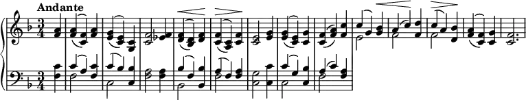 \relative c' {
\new PianoStaff <<
\new Staff {
\key f \major \time 3/4 \tempo "Andante" \dynamicUp \set doubleSlurs = ##t
\partial 4 <f a> | <f a>( <c f>) <f a> <e g>( <c e>) <c g> <c f>2 <ees f>4 <d f>\<( <bes d>) <d f>\! <c f>\>( <a c>) <c f>\! <c e>2 <e g>4 <e g>( <c e>) <c g'> <c f>( <f a>) <f c'> << \dynamicUp { c'( g) <g bes>\< } \\ { e2 } >> << { a4( c)\! <d f,> } \\ { f,2 } >> << \dynamicUp { c'4\>( a) <bes d,>\! } \\ { f2 } >> <f a>4( <c f>) <c g'> <c f>2.
}
\new Staff {
\clef "bass" \key f \major
\partial 4 <c f,>4 | << { c( a) <c f,> } \\ { f,2 } >> << { c'4( bes) <bes c,> } \\ { c,2 } >> <f a>2 <f a>4 << { bes( f) <bes bes,> } \\ { bes,2 } >> << { a'4( f) <f a> } \\ { f2 } >> <g c,>2 <c c,>4 << { c( g) <bes c,> } \\ { c,2 } >> << { a'4( c) <f, a> } \\ { f2 } >>
}
>>
}