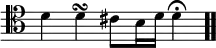 \relative c' { \override Score.TimeSignature #'stencil = ##f \time 4/4 \clef tenor d d^\turn cis8 b16 d d4\fermata \bar ".." }