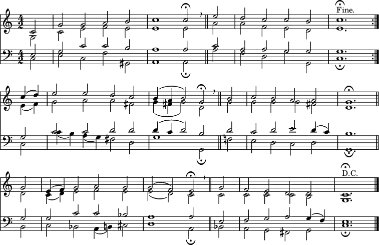 << <<
\new Staff { \clef treble \time 4/2 \key a \minor \partial 2 \set Staff.midiInstrument = "church organ" \relative c'
<< {
\set Score.tempoHideNote = ##t \override Score.BarNumber #'transparent = ##t
c2 | g' g a b | c1 c2\fermata \breathe \bar"||" e | d c c b | c1.\fermata ^\markup{"Fine."} \bar":|." \break
c4( d) | e2 e d c | b4( a b2) g\fermata \breathe \bar"||" b | c b a a | g1.\fermata \bar"||" \break
g2 | e4( f) g2 a g | g( f) e\fermata \breathe \bar"||" g | f e d d | c1.\fermata ^\markup{"D.C."} \bar "|." } \\
{ g2 | c e f e | e1 e2 a | a f e d | e1.
e4( f) | g2 a a fis | g4( fis g2) d g | g g g fis | d1.
d2 | c4( d) e2 f e | e( d) c c | c c c b | g1. }
>>
}
\new Staff { \clef bass \key a \minor \set Staff.midiInstrument = "church organ" \relative c
<< { e2 | g c c b | a1 a2 c | a a g g | g1.
g2 | c c d d | d4( c d2) b d | c d e d4( c) | b1.
g2 | g c c bes | a1 a2 e | f g a g4( f) | e1. } \\
{ c2 | e c f gis, | a1 a2_\fermata a' | f d g g, | c1._\fermata
c2 | c'4( b) a( g) fis2 d | g1 g,2_\fermata f'! | e d c d | g,1._\fermata
b2 | c bes a4( b) cis2 | d1 a2_\fermata bes | a g fis g | c1._\fermata }
>>
}
>> >>
\layout { indent = #0 }
\midi { \tempo 2 = 92 }