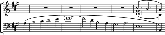 \new ChoirStaff << \override Score.Rest #'style = #'classical \override Score.TimeSignature #'stencil = ##f
\new Staff \relative c'' { \time 6/4 \partial 4 \key a \major
s4 | R1.*4 | << { cis2.^( b | a4 ) } \\ { <gis d>1._( cis,4) } >> }
\new Staff \relative a { \clef bass \key a \major
a4^\( b2 cis4 d2 e4 | f1. ^~ f2 d4 b2 a4 |
gis2. a | e1. | a,4\) } >>