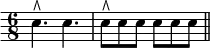 { \time 6/8 \override Score.Clef #'stencil = ##f \clef bass
e4.^\rtoe e | e8^\rtoe e e e e e \bar "||" }
