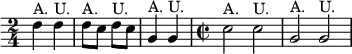{ \override Score.Clef #'stencil = ##f \time 2/4 d''4^"A." d''^"U." |
d''8^"A." c'' d''^"U." c'' | g'4^"A." g'^"U." | \time 2/2
c''2^"A." c''^"U." | g'^"A." g'^"U." }